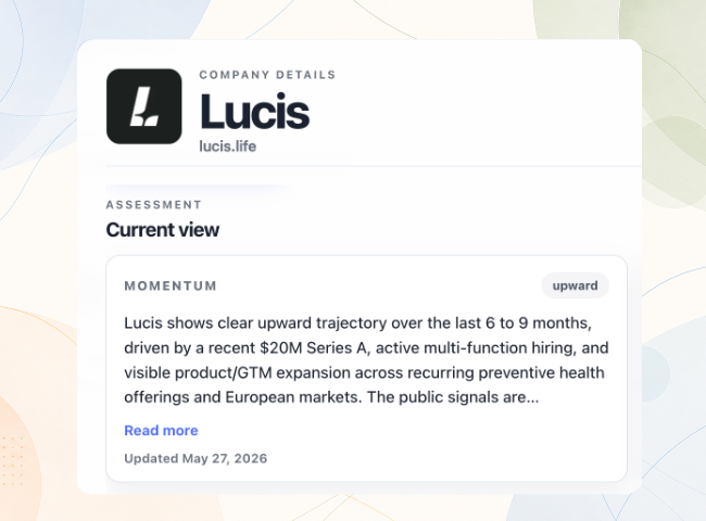 Company detail view with product, GTM, HR, founder, and momentum assessment